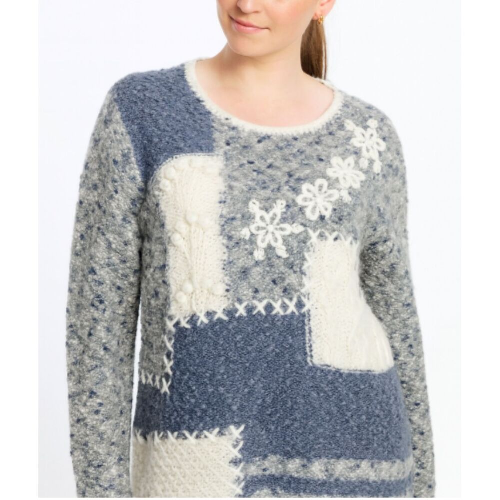 Through The Country Door Sweater Size Large Blue & White Patchwork Knit